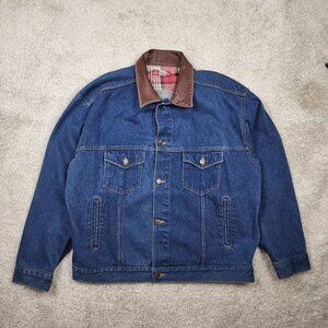 Marlboro Store Denim Trucker Jacket Brown Leather Collar Size XL Vintage VTG Y2K